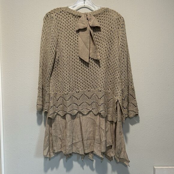 Ryu Tunic Top S/M Bow Knit Crochet Lined Shark Bite Flare Sleeve Neutral Layered - Picture 5 of 11